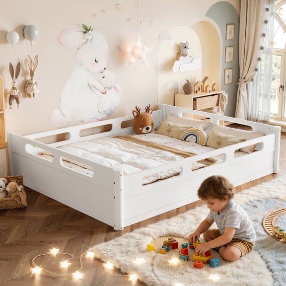 LHSHID Queen Size Floor Platform Bed with Full-length Guardrails,Low Profile Queen Bed Frame,No Box Spring Needed,White
