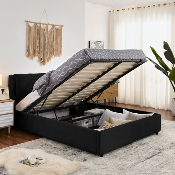 LHKJ Queen Upholstered Hydraulic Storage Platform Bed with Headboard, Black