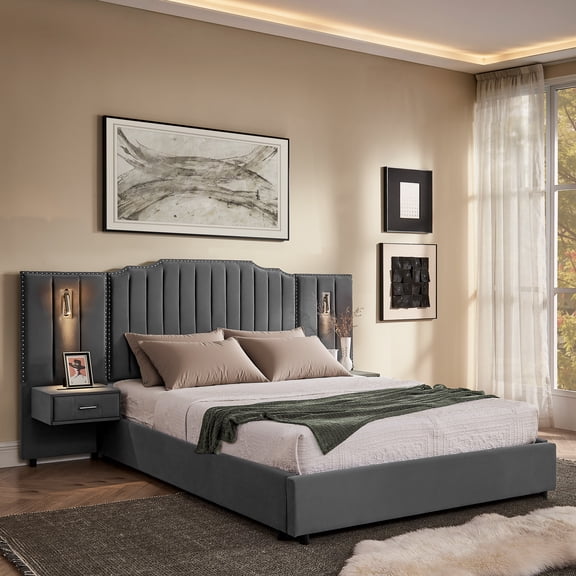 LHSHID Queen Size Upholstered Bed Frame with Velvet Fabric,Vertical Stripe Design with Buttons Around Platform Bed with Headboard,Solid Frame Bedside Table-No Box Spring Needed-Gray