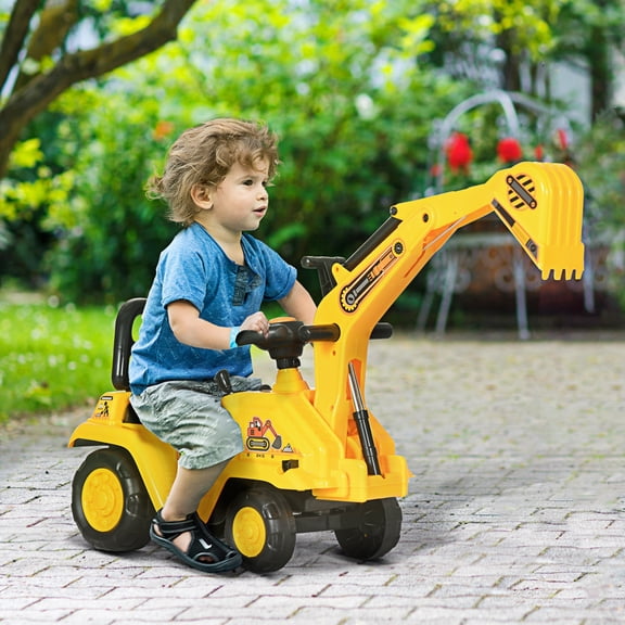 LHSHID Ride On Excavator Pull Cart,Digger Ride on Truck with Horn,Under Seat Storage,Sit and Scoot Pretend Play Toy Construction Car for Ages 18M+