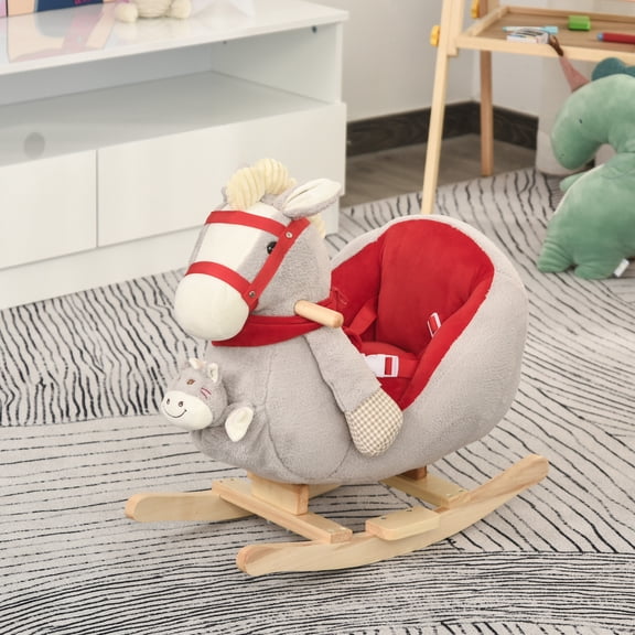 LHSHID Plush Rocking Ride-On Horse Toy with Lullaby Songs, Soft Fabric, and Interactive Hand Puppets for Toddlers Ages 18-36 Months, Gray