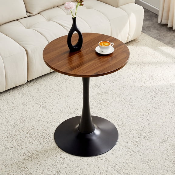 LHSHID Round Dining Table,23.6"Circle Tulip Table with Thickened Tabletop Metal Pedestal,Mid Century Modern Bistro Table for Kitchen,Small Places,Living Room,Cafe (Faux Walnut)