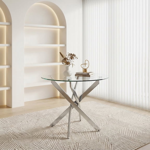 LHSHID Round Dining Table,35.5"Glass Dining Table with Silver Legs,Modern Kitchen Table for Home Kitchen,Dining Room