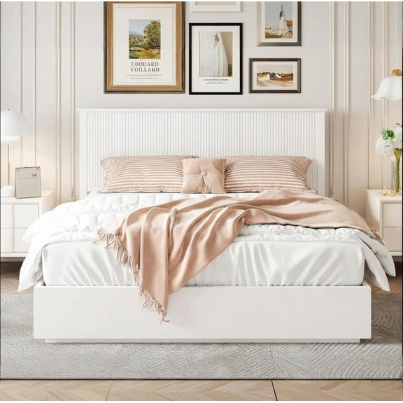 LHSHID Stylish King Size Bed Frame-White Solid Wood King Bed,600lbs Weight Limit,Compatible with 8-10" Mattress,Contemporary Bedroom Furniture