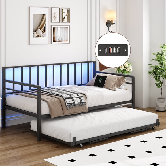 LHSHID Twin Daybed with RGB LED Lights Charging Station,Height Adjustable Day Bed Frame with Trundle,Versatile Metal Sofa Bed Frame for Bedroom,Living Room,Guest Room,Black