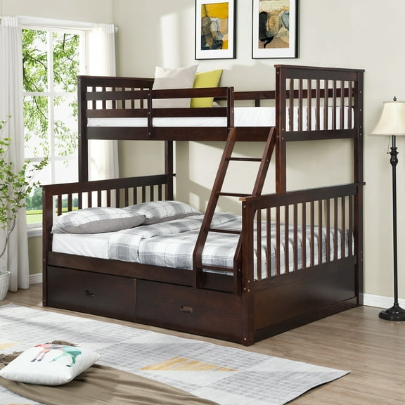 LHSHID Twin Over Full Bunk Bed with Storage Drawers,Wooden Bunk Bed with Ladder and Safety Guard Rails–Espresso