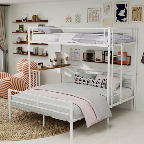 LHSHID Twin Over Full Metal Bunk Bed with Built-in Desk Guardrail,Staircase Climbing Design,White Bunk Bed Frame for / Bedroom,No Box Spring Needed