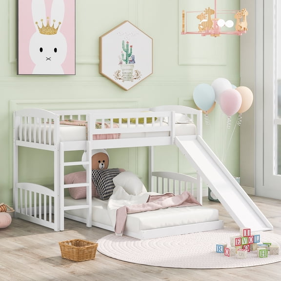 LHSHID Twin Over Twin Bunk Bed with Slide and Ladder,White