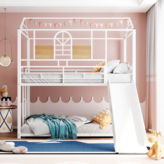 LHSHID Twin over Twin Metal Bunk Bed with Slide, White with White Slide