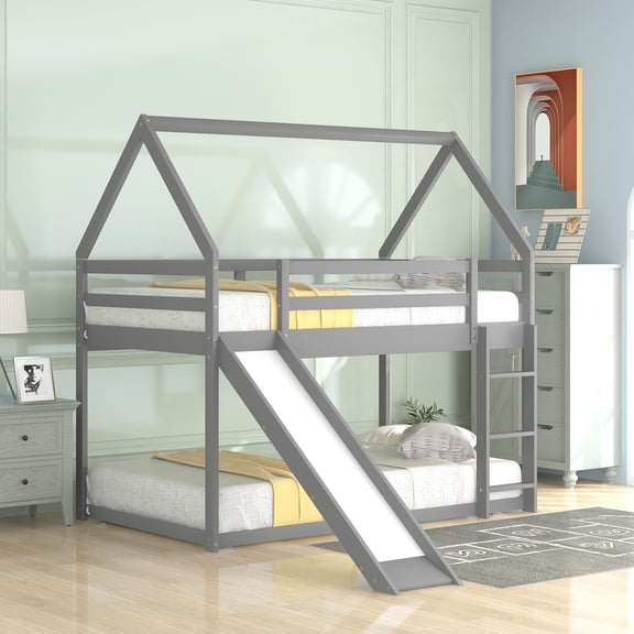 LHSHID Twin House Bunk Bed with Slide and Ladder, Gray