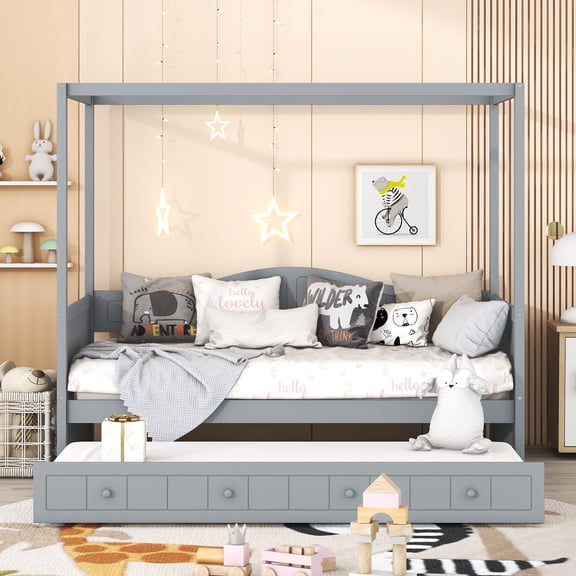 LHKJ Twin Canopy Daybed with Trundle, Gray