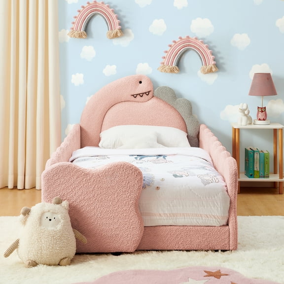 LHSHID Twin Size Cute Dinosaur-Shaped Bed with Safety Guardraild,Solid Wood Bed Frame for for Bedroom,Fabric