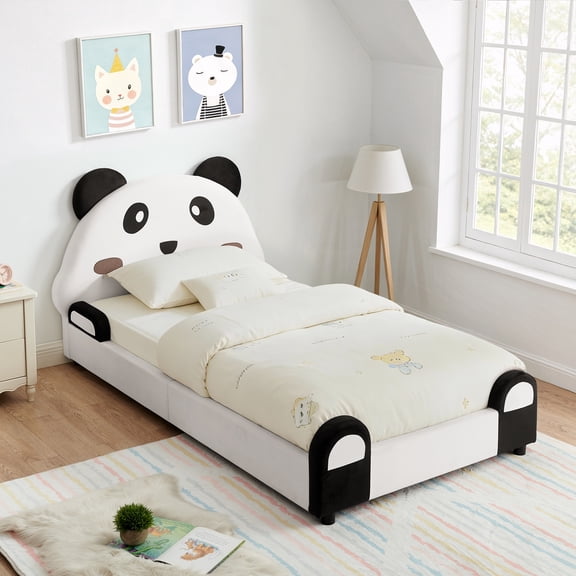 LHSHID Twin Panda-Shaped Bed with Soft Padded Edges, Velvet Fabric