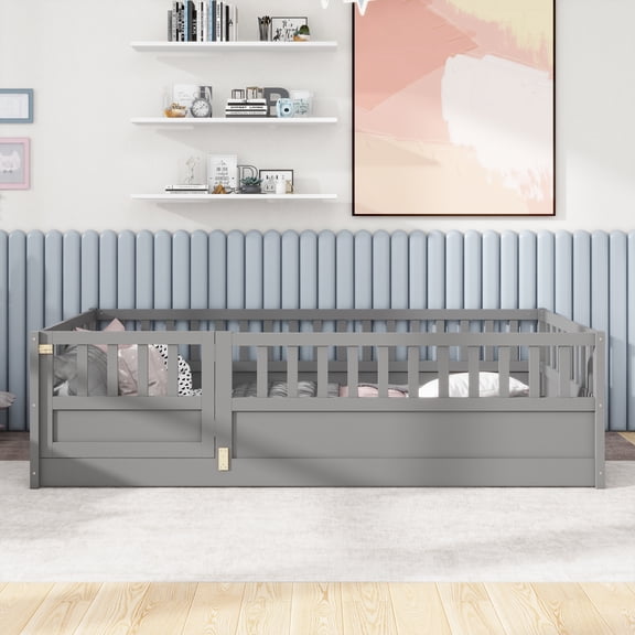 LHSHID Twin Size Floor bed,integral construction with super high security barrier,door,'s floor bed frame,wooden 's floor bed,Grey