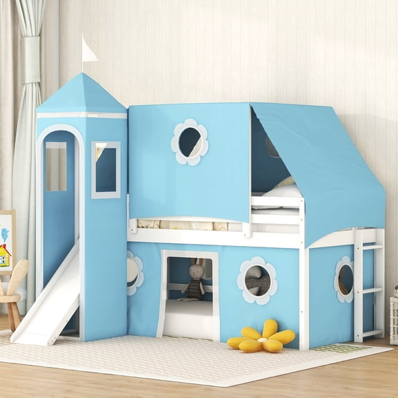 LHSHID Twin Size Loft Bed with Slide Blue Tent and Tower-Blue