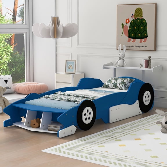 LHSHID Twin Size Race Car-Shaped Platform Bed with Wheels,Blue