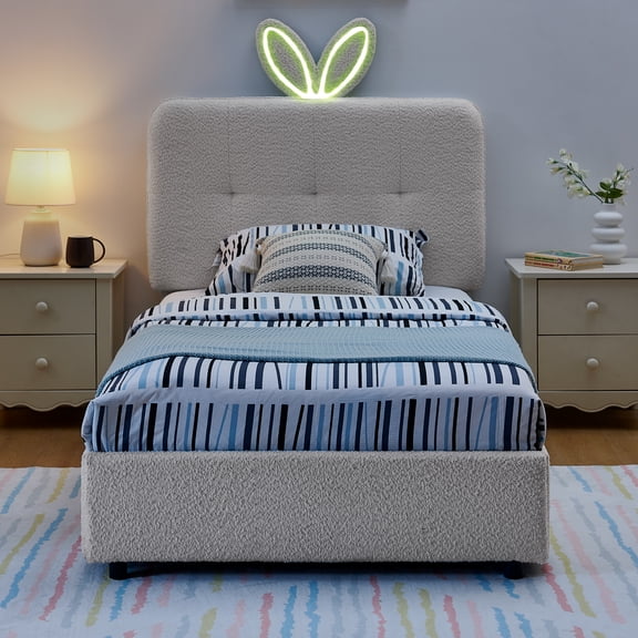 LHSHID Twin Size Upholstered Bed with Oversized Rabbit Ear Headboard,LED Light 4 Storage Drawers,Fabric (79.5''X40.75''X41'')