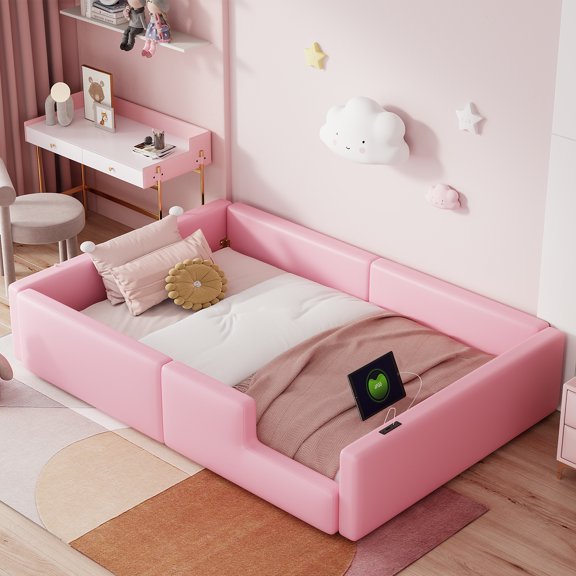 LHSHID Twin Size Upholstered Platform Bed with Guardrail and Charging Station,Pink