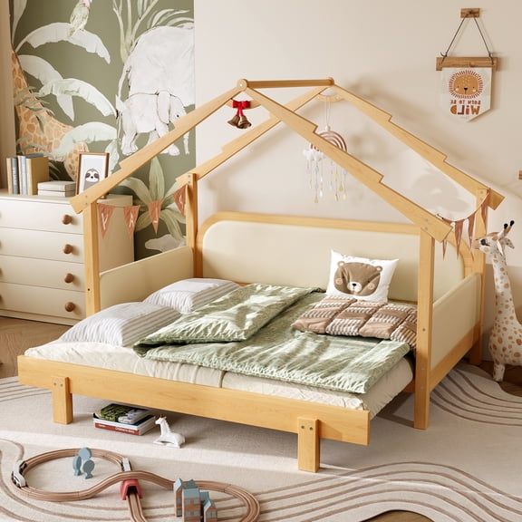 LHSHID Twin Size Wood Treehouse bed with Soft Cushion Rails,for ,,,,White