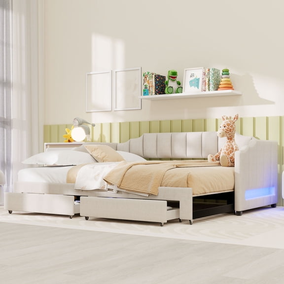 LHSHID Twin XL Size Extendable Upholstered Daybed with Two Storage Drawers and LED Light,Twin XL to King Daybed,Beige