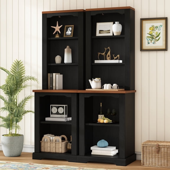 LHSHID Two-Piece Elegant Freestanding Tall Cabinet with Fully Open Storage,Walnut Element Bookshelves with Curved Design,Stylish Display Bookcase with Anti-Tip Device for Living Room,Black