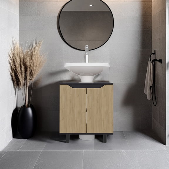 LHSHID Under Sink Storage 24.8"H,2 Doors,2 Shelves,4 Legs,Natural Oak/Black Wengue-Bathroom