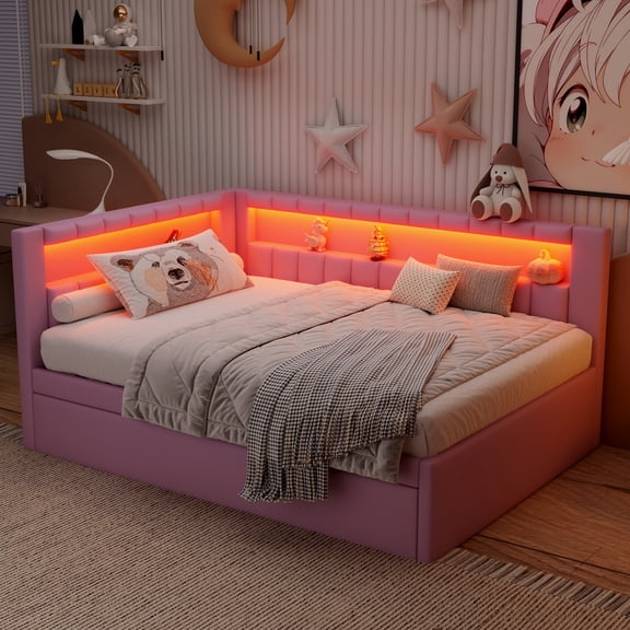 LHSHID Upholstered Full Size Platform Bed with USB Ports and LED Belt,With Trundle,Pink