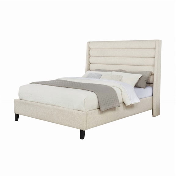 LHKJ Queen Upholstered Platform Bed with Rolled Channel Tufted Headboard, Beige