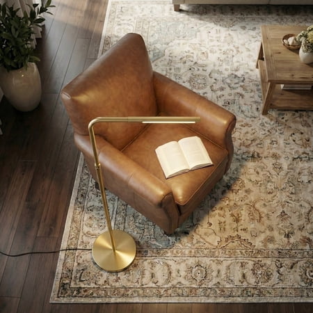 LHKJ Verve Brassed Gold Floor Lamp, Adjustable LED, Round Base, On/Off Switch