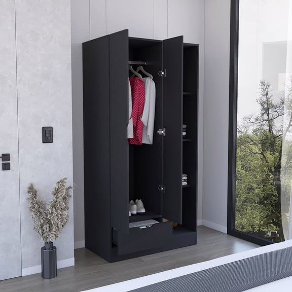 LHKJ Wardrobe Armoire with 4 Shelves and Drawer, Black