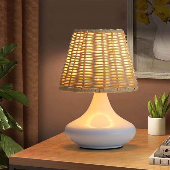 LHSHID White Woven Bamboo Table Lamp Dimmable Desk Lamp Night Light with Iron Base Three Color Temperatures