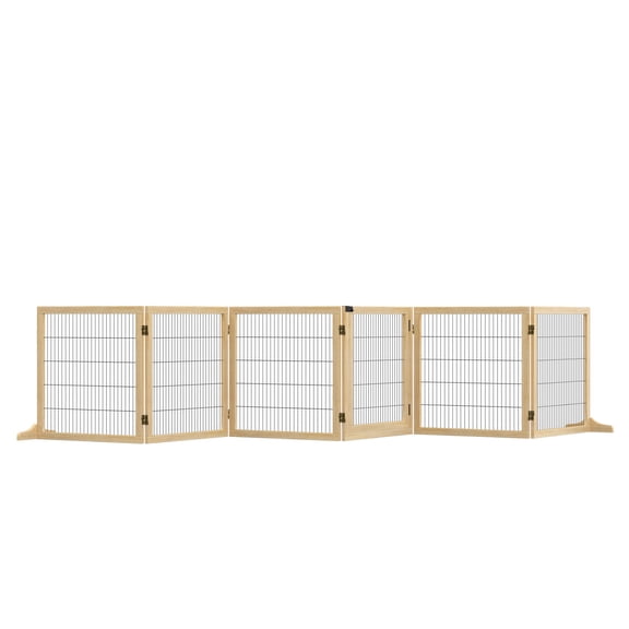 LHSHID Wooden Dog Gate,170" Freestanding Pet Gate,6-Panel Foldable Dog Safety Barrier with 2 Support Feet for House Doorway Stairs,Small and Medium Dogs,Natural Wood