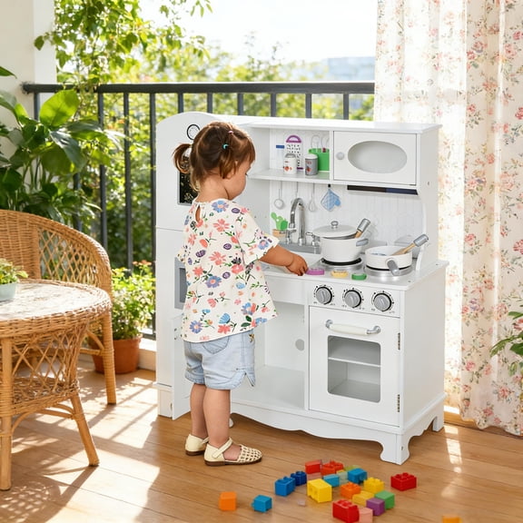 LHSHID Wooden Kitchenette Play Set with Sink, Stove, and Storage, Pretend Cooking Toy for family, Natural Wood Finish