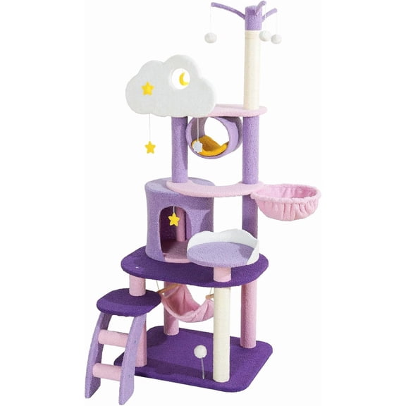 LHTERCute Cat Tower 65 Inches, Unique Cat Tree Large Tall for Indoor Cats, Purple Pink Cloud Big Cat Tree Cat Castle Mansion Condo for Large Cats Activity Trees with Scratching Post Hammock