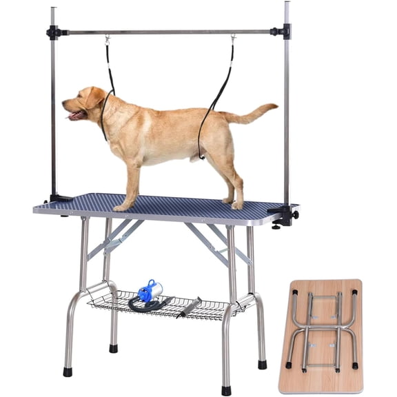 LHTERDog Pet Grooming Table for Large Dogs Adjustable Height Heavy Duty Professional Portable Trimming Table with Arm/Noose/Mesh Tray, Maximum Capacity Up to 330 LBS, 42''/Blue
