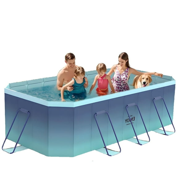 LHUAI, 116" Foldable Non-Inflatable Pool, Large Rectangular Above Ground Outdoor Backyard Swimming Family Pool, For Adults, Kids And Pet Dogs, Blue.