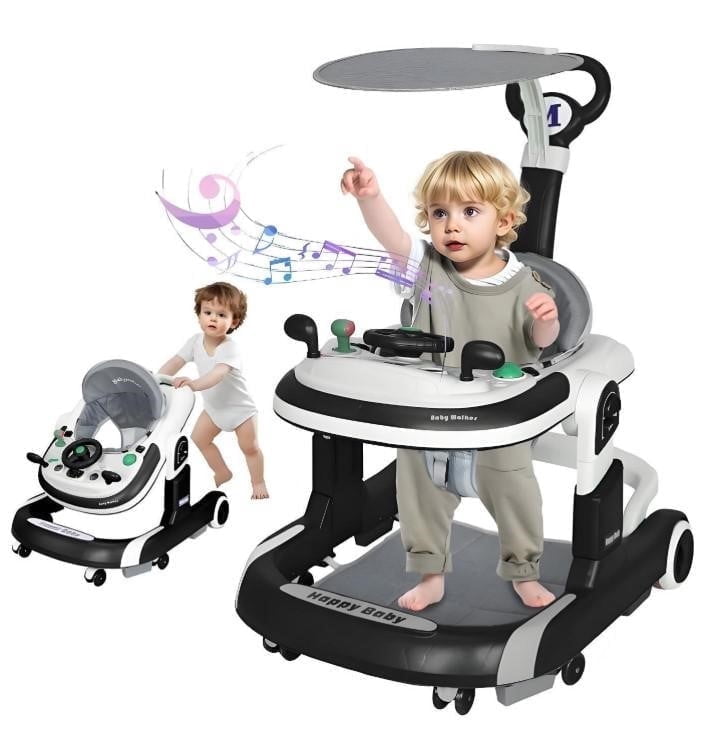 LHUAI 5-in-1 Baby Walker With Bouncer, Removable Footrest, Feeding Tray & Music, Foldable & Adjustable Activity Walker For Boys And Girls, Toddler Infant, Black