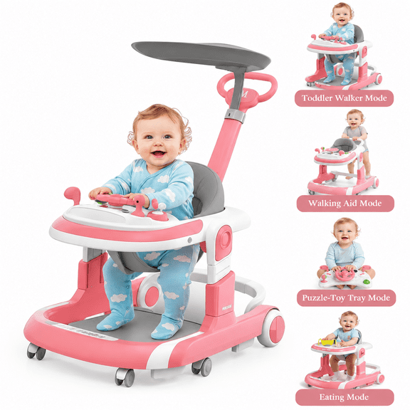 LHUAI 5-in-1 Baby Walker With Bouncer, Removable Footrest, Feeding Tray & Music, Foldable & Adjustable Activity Walker For Boys And Girls, Toddler Infant, Pink