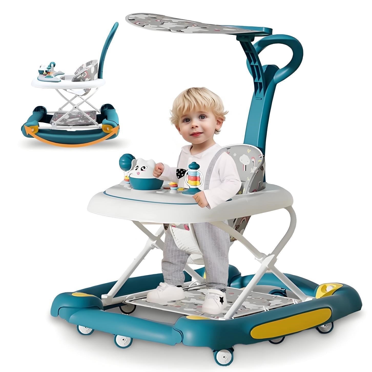 LHUAI 6-in-1 Baby Walker With Wheels, Bouncer, Removable Footrest, Feeding Tray & Music, Foldable & Adjustable Activity Walker For Boys And Girls, Toddler Infant, Green