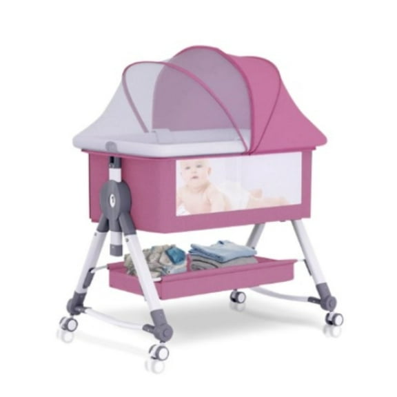 LHUAI, Baby Bassinet Bedside Crib With Storage Basket And Wheels, Bed Side Sleeper, Easy Folding, Adjustable Height, Portable Crib For Newborn, With Removable Mosquito Net And Mattress, Pink