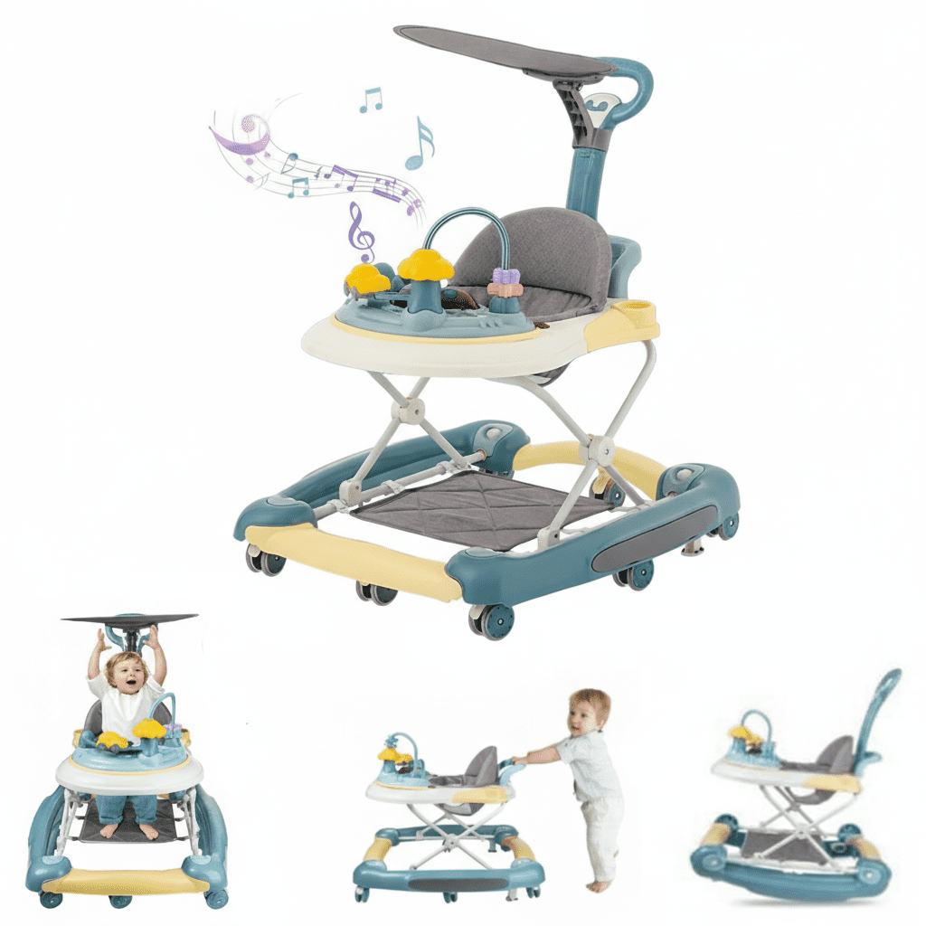 LHUAI Baby Walker With Bouncer, Removable Footrest, Feeding Tray & Music, Foldable & Adjustable Activity Walker For Boys And Girls, Toddler Infant, Green