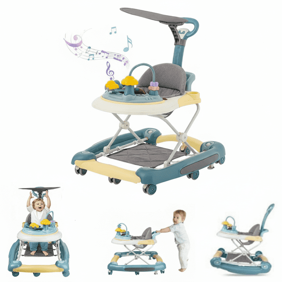 LHUAI Baby Walker With Bouncer, Removable Footrest, Feeding Tray & Music, Foldable & Adjustable Activity Walker For Boys And Girls, Toddler Infant, Green