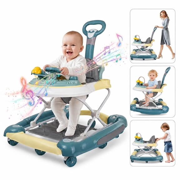 LHUAI Baby Walker With Bouncer, Removable Footrest, Feeding Tray & Music, Foldable & Adjustable Activity Walker For Boys And Girls, Toddler Infant, Green