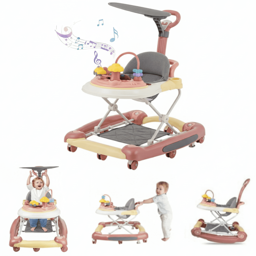 LHUAI Baby Walker With Bouncer, Removable Footrest, Feeding Tray & Music, Foldable & Adjustable Activity Walker For Boys And Girls, Toddler Infant, Pink