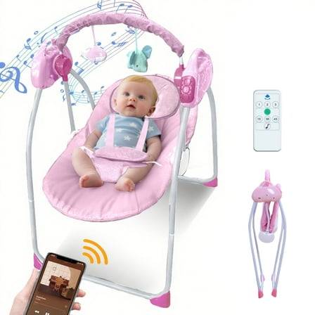 LHUAI, Electric Baby Swing And Bouncer Combo, Portable Compact Automatic, Bluetooth Music, 12 Preset Melodies, Remote, Pink