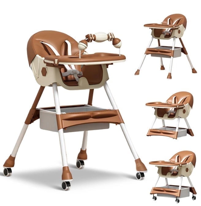 LHUAI, Foldable Baby High Chair, 4 in 1 Convertible High Chairs, With 5-Point Safety Harness, Adjustable Dining Tray & Backrest & Height, Easy To Clean Surface, For Babies And Toddlers, Brown