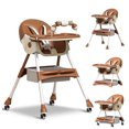 thumbnail image 1 of LHUAI, Foldable Baby High Chair, 4 in 1 Convertible High Chairs, With 5-Point Safety Harness, Adjustable Dining Tray & Backrest & Height, Easy To Clean Surface, For Babies And Toddlers, Brown, 1 of 8