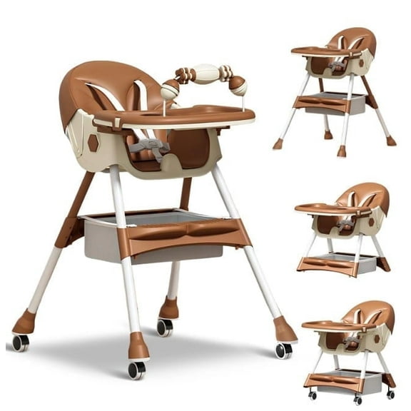 LHUAI, Foldable Baby High Chair, 4 in 1 Convertible High Chairs, With 5-Point Safety Harness, Adjustable Dining Tray & Backrest & Height, Easy To Clean Surface, For Babies And Toddlers, Brown