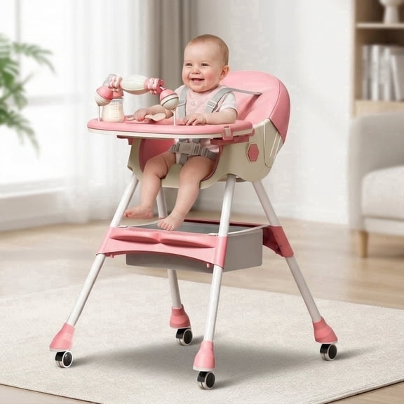 LHUAI, Foldable Baby High Chair, 4 in 1 Convertible High Chairs, With 5-Point Safety Harness, Adjustable Dining Tray & Backrest & Height, Easy To Clean Surface, For Babies And Toddlers, Pink