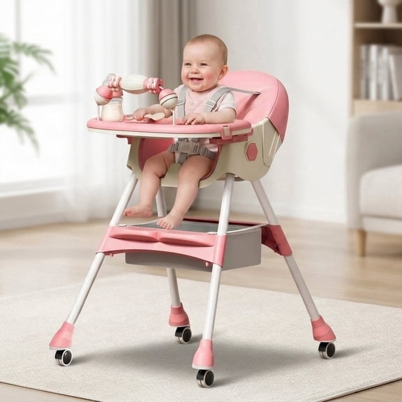 LHUAI, Foldable Baby High Chair, 4 in 1 Convertible High Chairs, With 5-Point Safety Harness, Adjustable Dining Tray & Backrest & Height, Easy To Clean Surface, For Babies And Toddlers, Pink